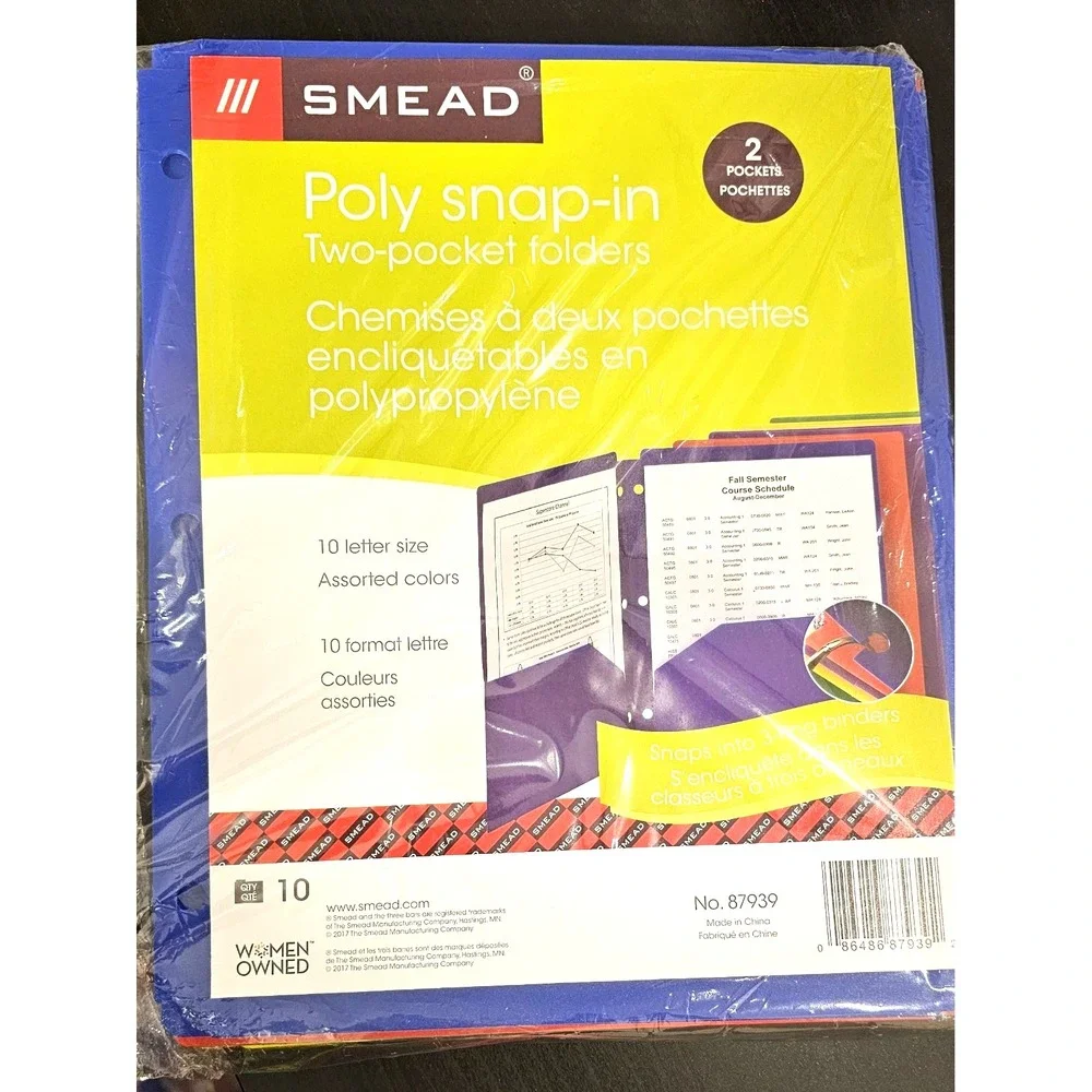 Smead Poly Snap-In 2 Pocket Folders Pk 10 Binder Organization Color Coding